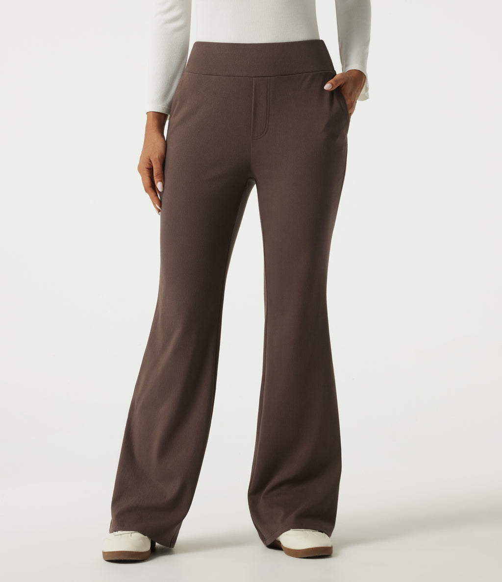 High Waisted Bootcut Work Cotton Trousers with Pockets — Chocolate Martini — view 3