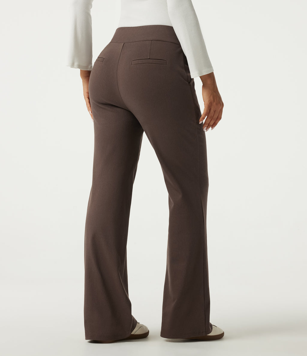 High Waisted Bootcut Work Cotton Trousers with Pockets — Chocolate Martini — view 2