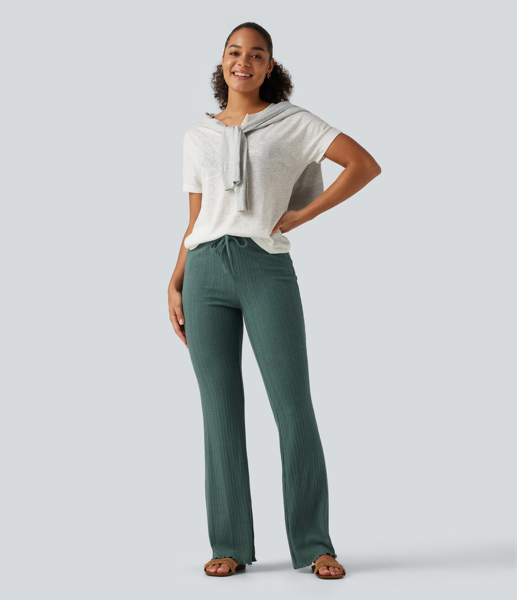Cable Knit Mid Rise Drawstring Casual Flare Trousers — Rosemary Knit — view 6