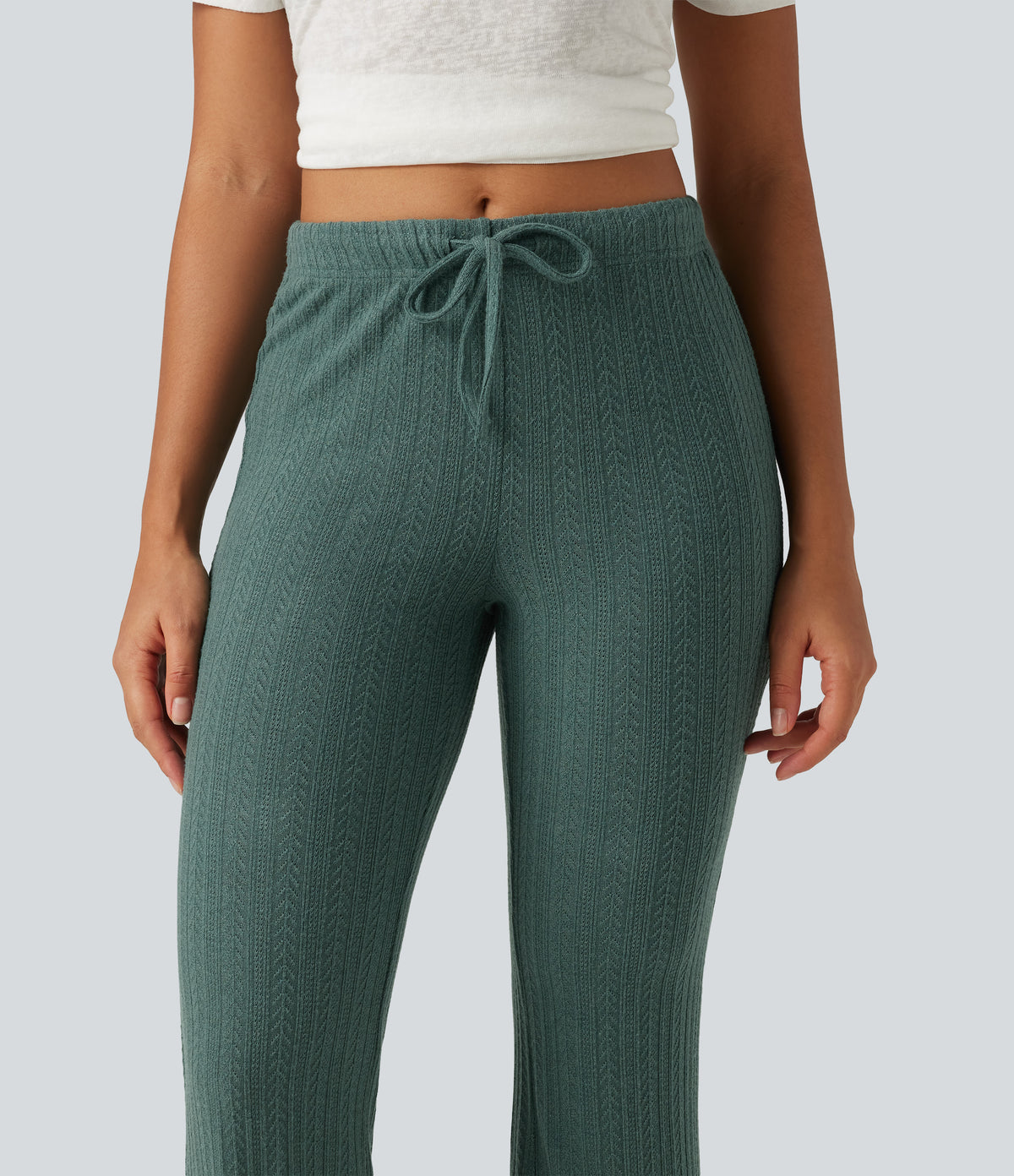 Cable Knit Mid Rise Drawstring Casual Flare Trousers — Rosemary Knit — view 4