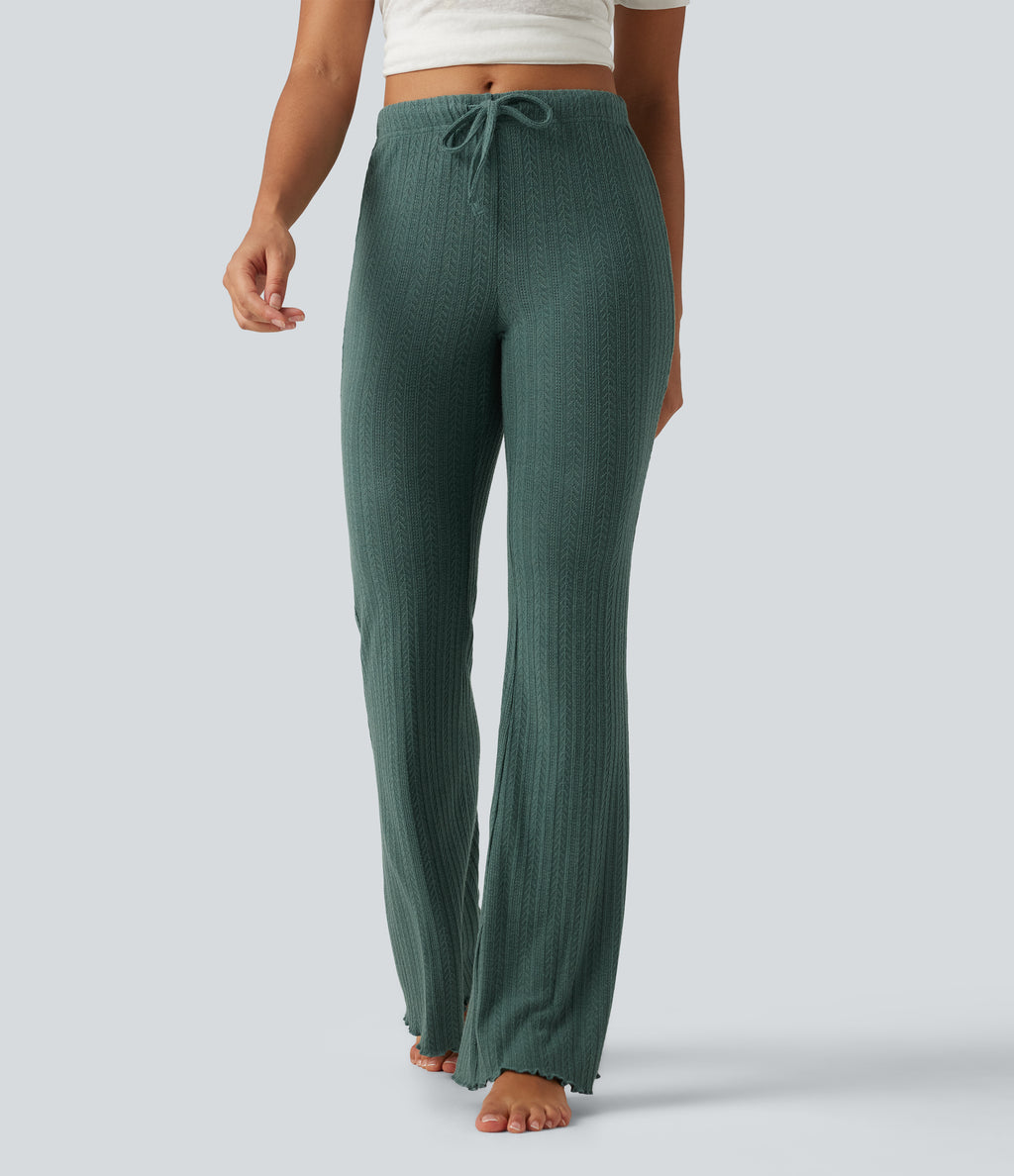 Cable Knit Mid Rise Drawstring Casual Flare Trousers — Rosemary Knit — view 3
