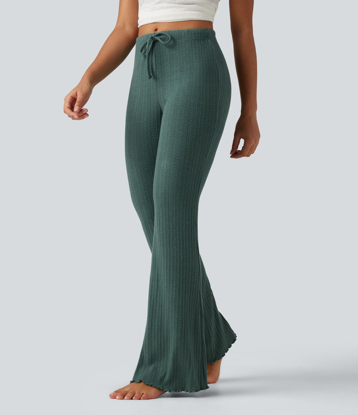 Cable Knit Mid Rise Drawstring Casual Flare Trousers — Rosemary Knit — view 1