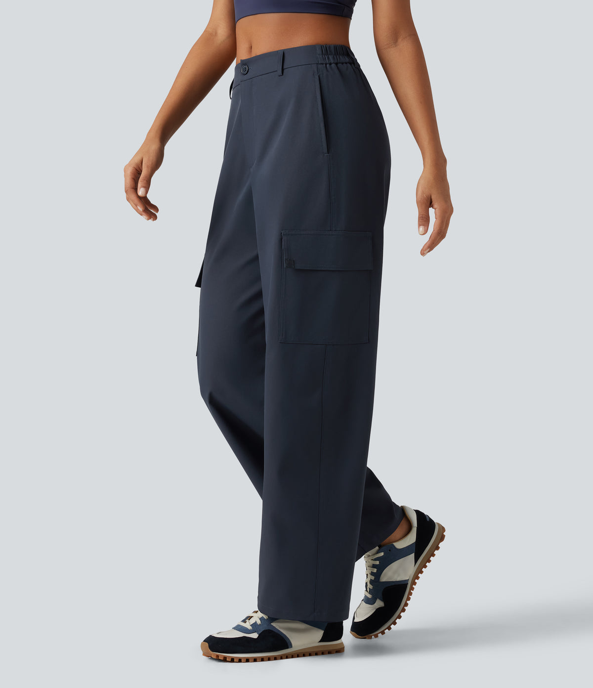 Water Repellent Wear-Resistant Mid Rise Barrel Leg Hiking Cargo Trousers with Pockets — Polar Night — view 3