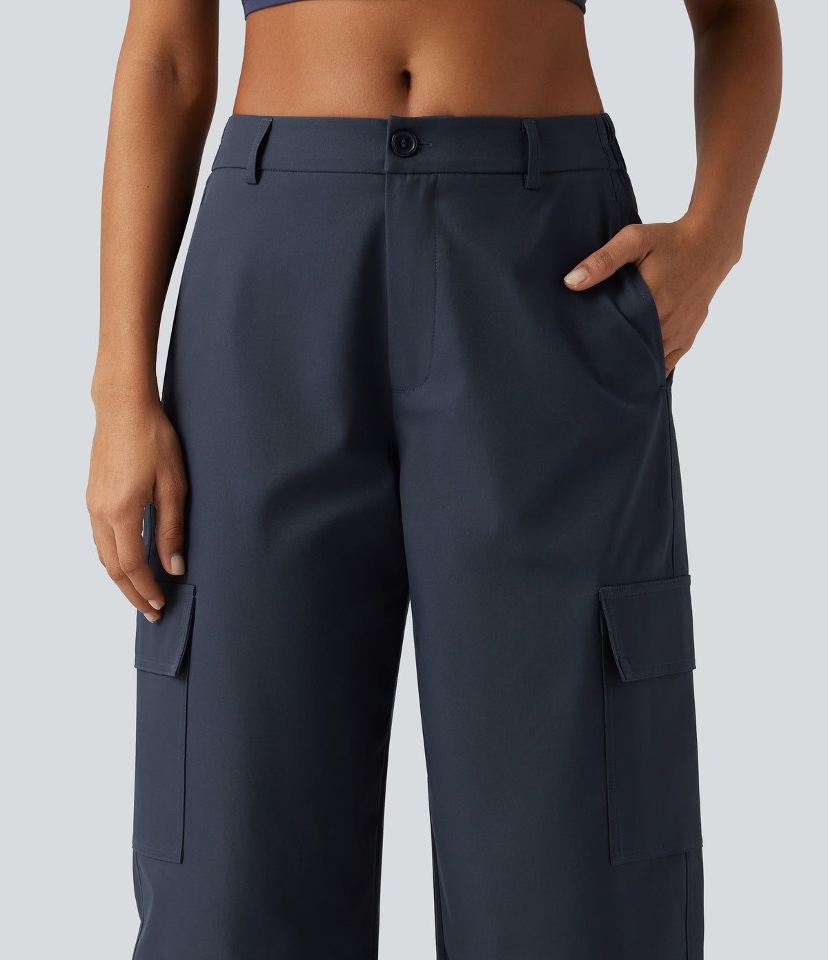 Water Repellent Wear-Resistant Mid Rise Barrel Leg Hiking Cargo Trousers with Pockets — Polar Night — view 4