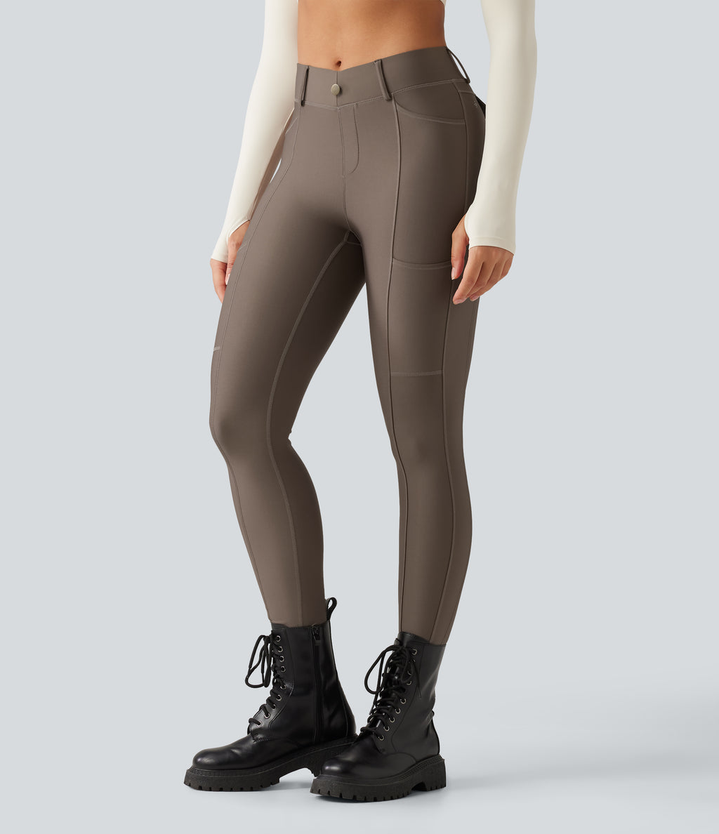 Mid Rise Skinny Sheen Quick Dry Hiking Leggings with Pockets — Hay Brown — view 1