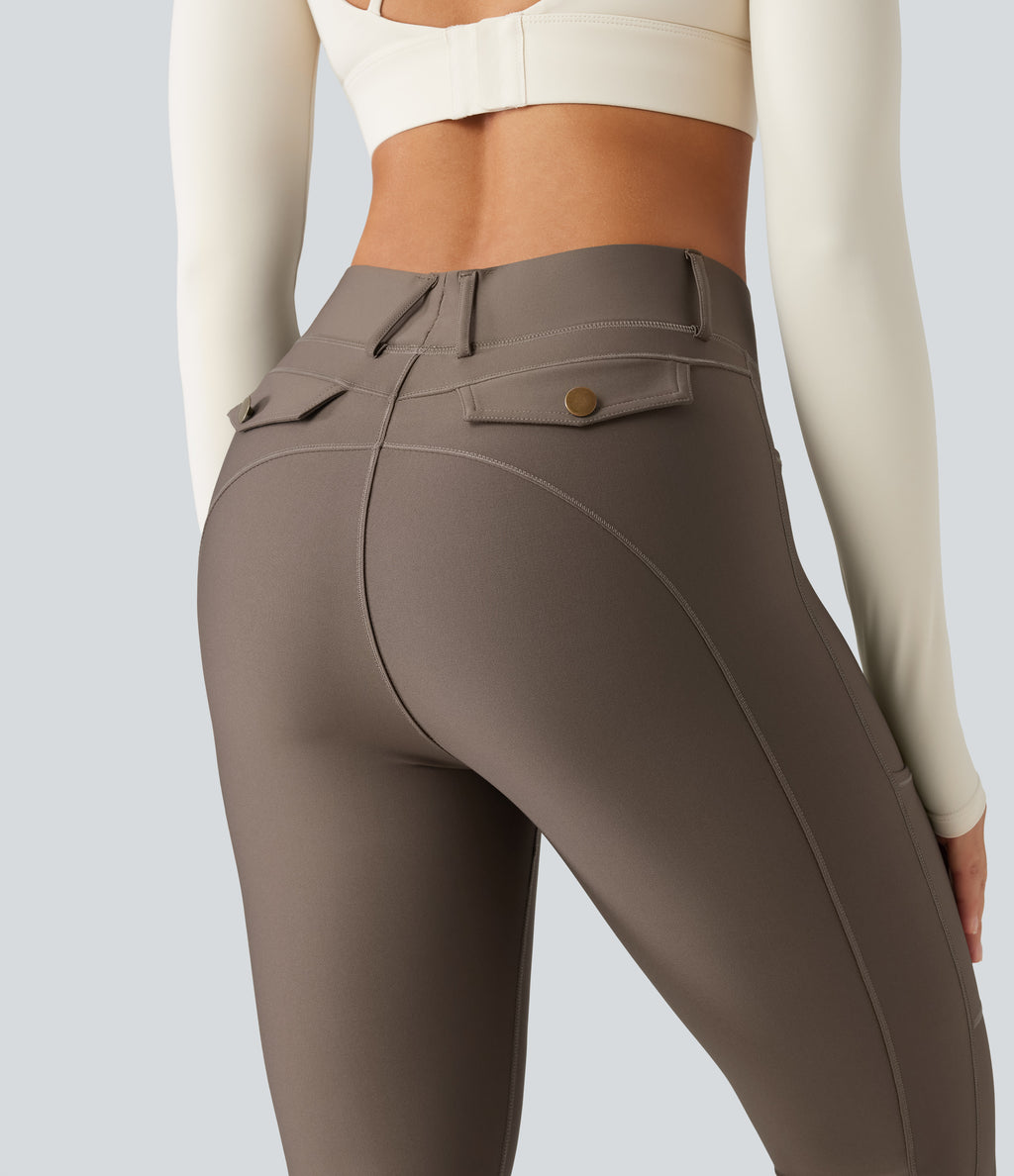 Mid Rise Skinny Sheen Quick Dry Hiking Leggings with Pockets — Hay Brown — view 5