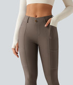 Mid Rise Skinny Sheen Quick Dry Hiking Leggings with Pockets — Hay Brown — view 6