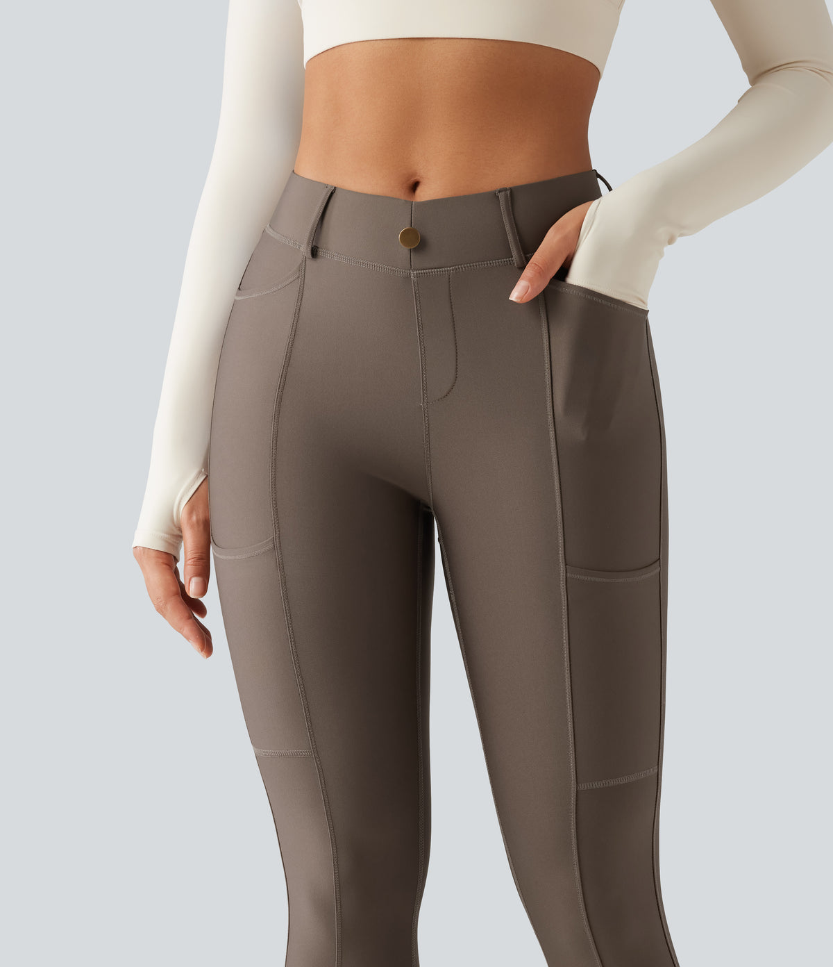 Mid Rise Skinny Sheen Quick Dry Hiking Leggings with Pockets — Hay Brown — view 6