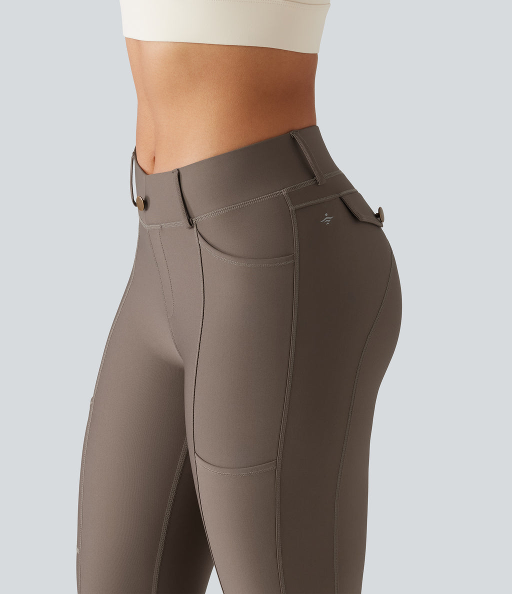 Mid Rise Skinny Sheen Quick Dry Hiking Leggings with Pockets — Hay Brown — view 4