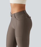 Mid Rise Skinny Sheen Quick Dry Hiking Leggings with Pockets — Hay Brown — view 4