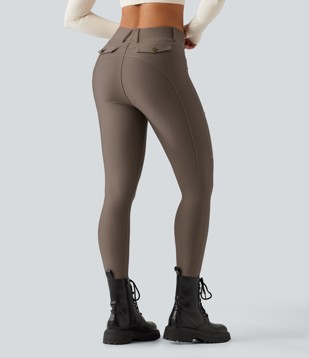 Mid Rise Skinny Sheen Quick Dry Hiking Leggings with Pockets — Hay Brown — view 2