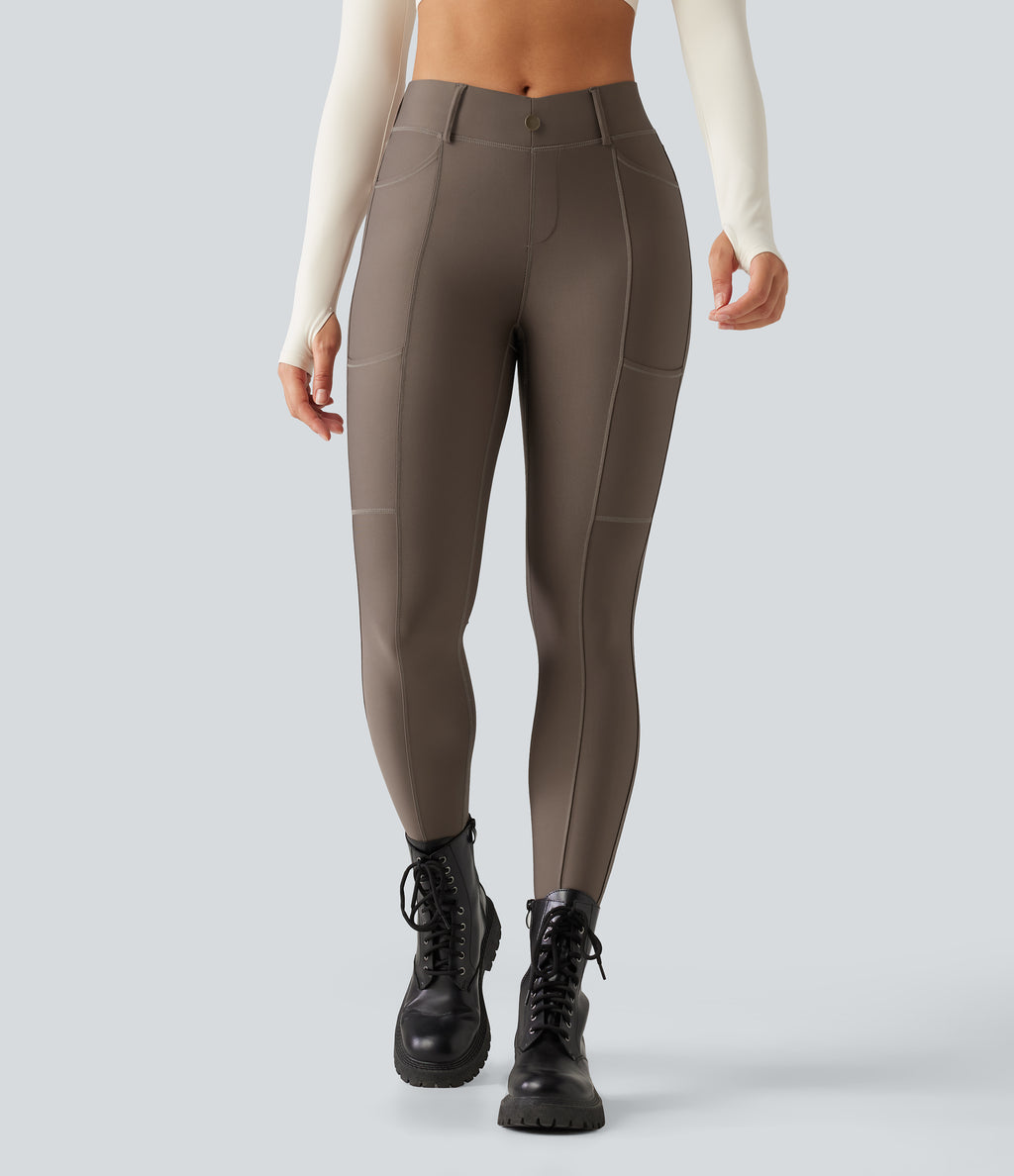 Mid Rise Skinny Sheen Quick Dry Hiking Leggings with Pockets — Hay Brown — view 3