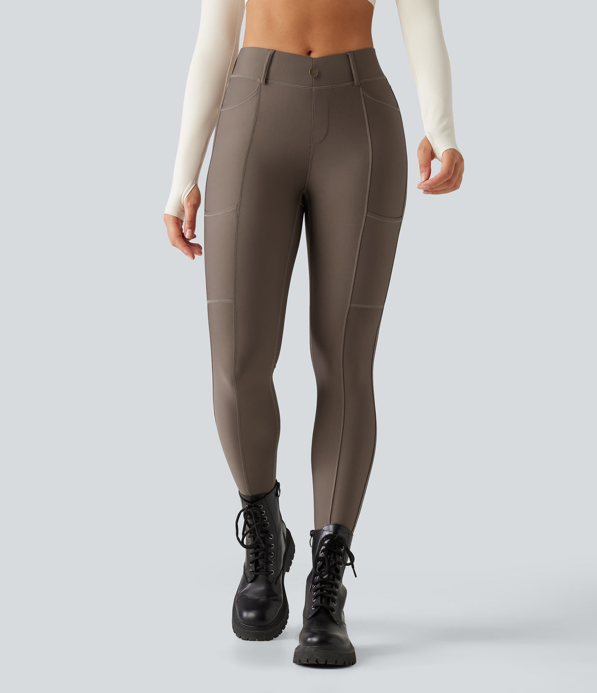 Mid Rise Skinny Sheen Quick Dry Hiking Leggings with Pockets — Hay Brown — view 3