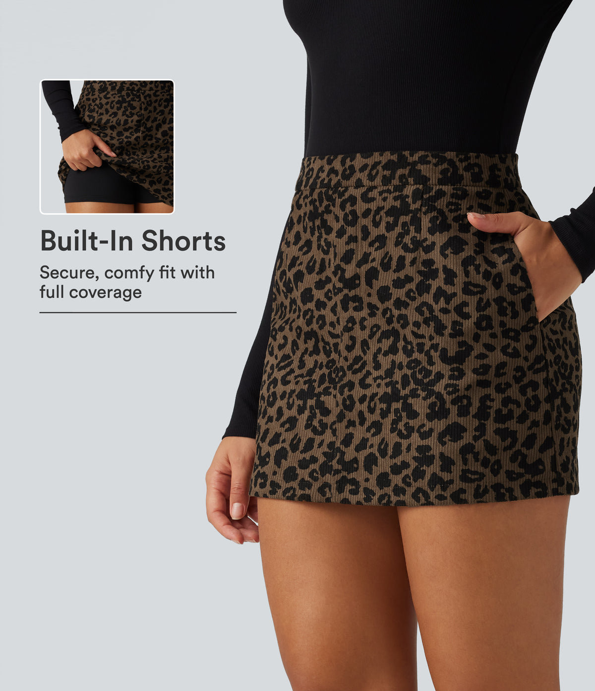 High Waisted Leopard Print Corduroy Casual Mini Skirt with Built-in Shorts and Pockets — Wildmark — view 1
