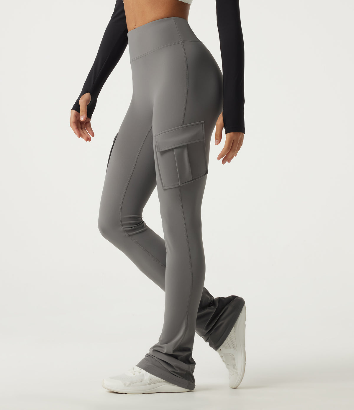 High Waisted Bootcut Stacked Yoga Leggings with Pockets — Steel Gray — view 1