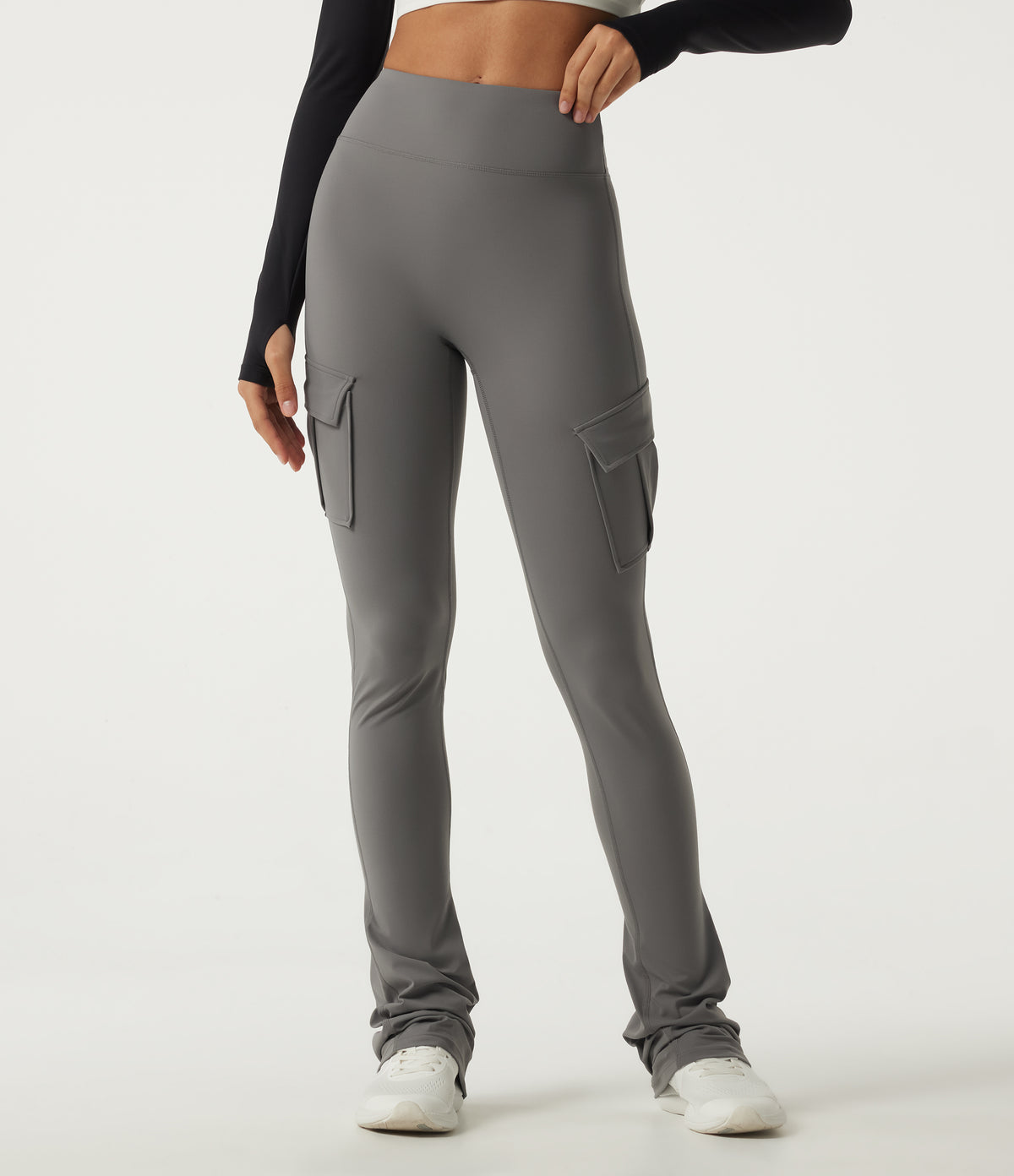 High Waisted Bootcut Stacked Yoga Leggings with Pockets — Steel Gray — view 3