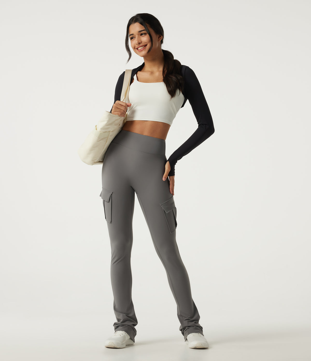 High Waisted Bootcut Stacked Yoga Leggings with Pockets — Steel Gray — view 8