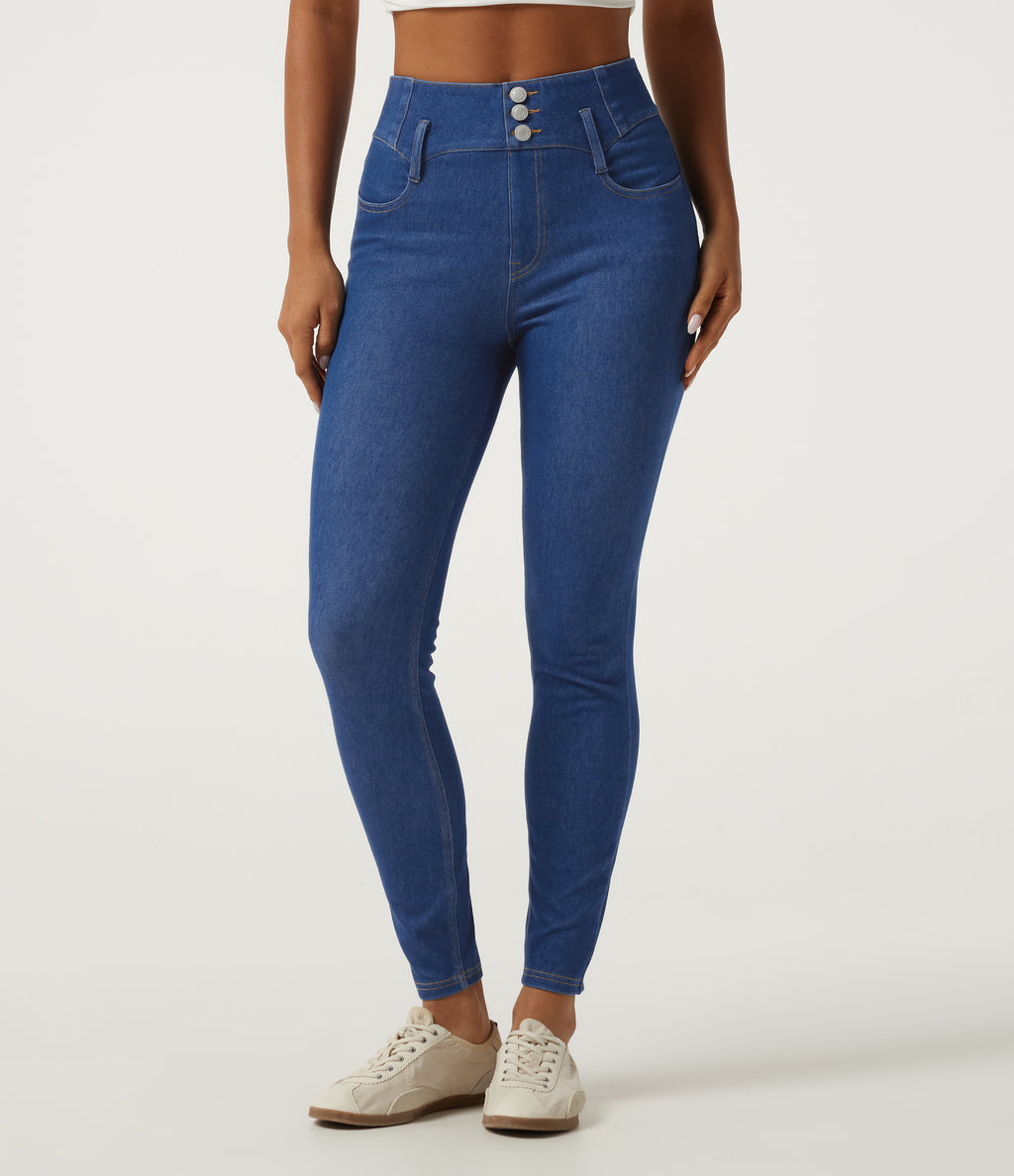 High Waisted Skinny Casual Jeans with Pockets — Gulf Stream Blue Denim — view 3