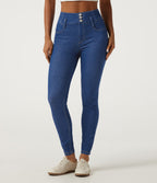 High Waisted Skinny Casual Jeans with Pockets — Gulf Stream Blue Denim — view 3