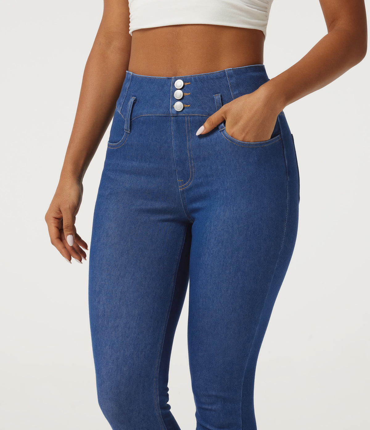 High Waisted Skinny Casual Jeans with Pockets — Gulf Stream Blue Denim — view 4