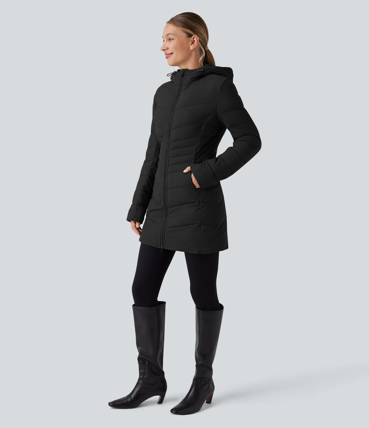 PuffFlex Hooded Longline Stretchy Casual Padded Jacket with Pockets — Black — view 6