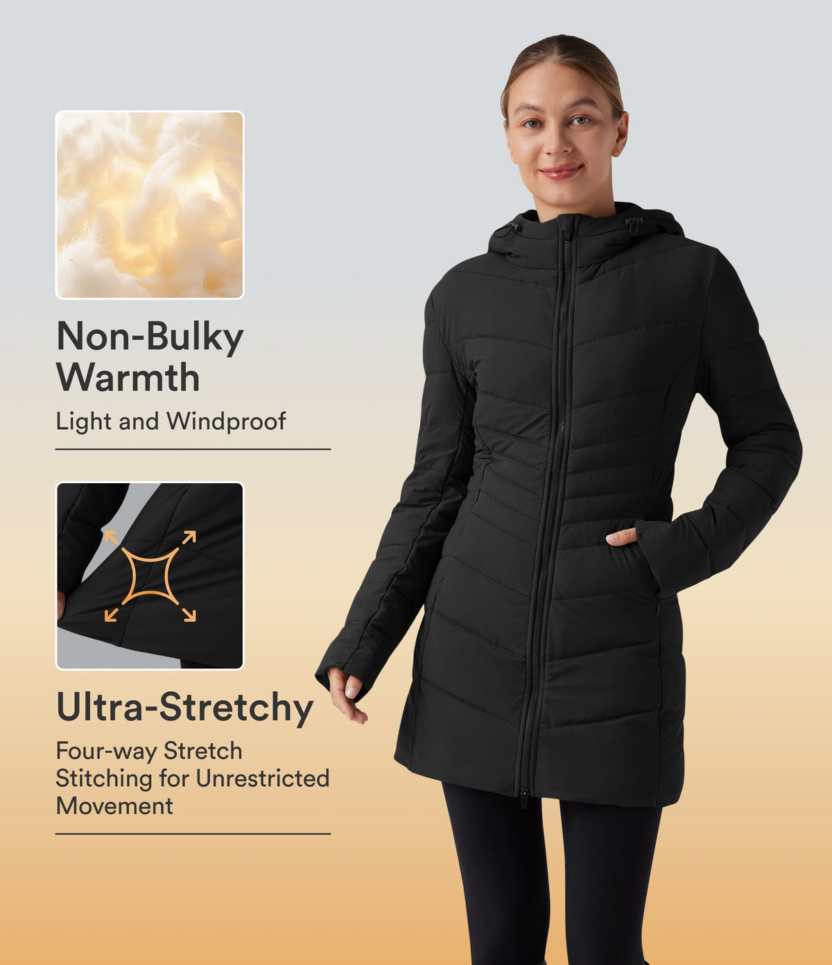 PuffFlex Hooded Longline Stretchy Casual Padded Jacket with Pockets — Black — view 1