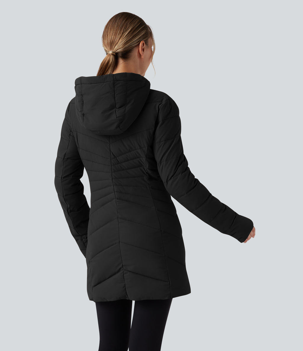 PuffFlex Hooded Longline Stretchy Casual Padded Jacket with Pockets — Black — view 7