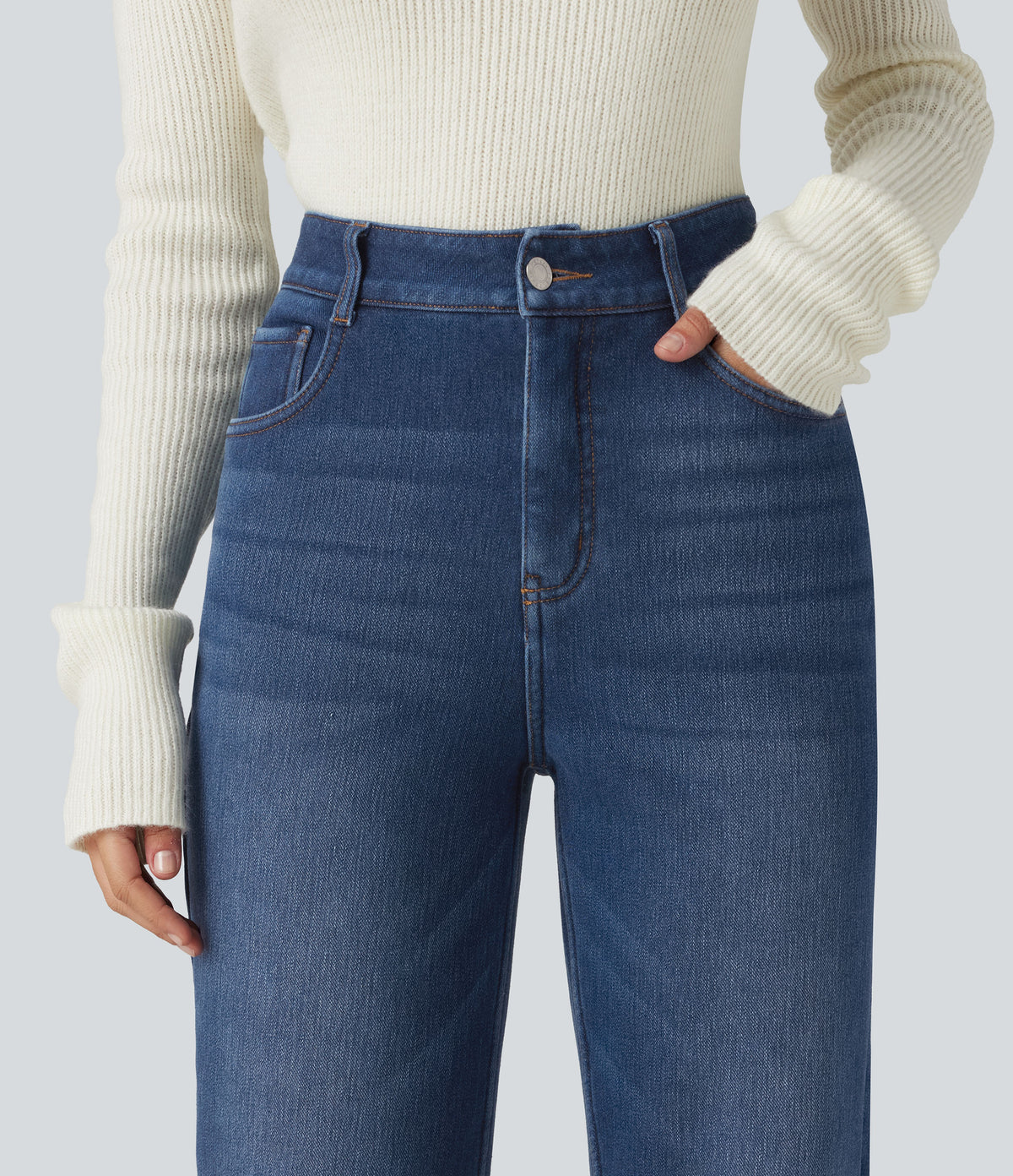 Mid Rise Straight Leg Fleece Casual Cotton Jeans with Pockets — Estate Blue Denim — view 4