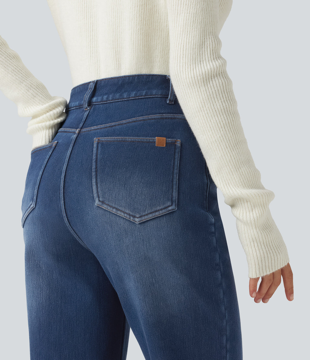 Mid Rise Straight Leg Fleece Casual Cotton Jeans with Pockets — Estate Blue Denim — view 5