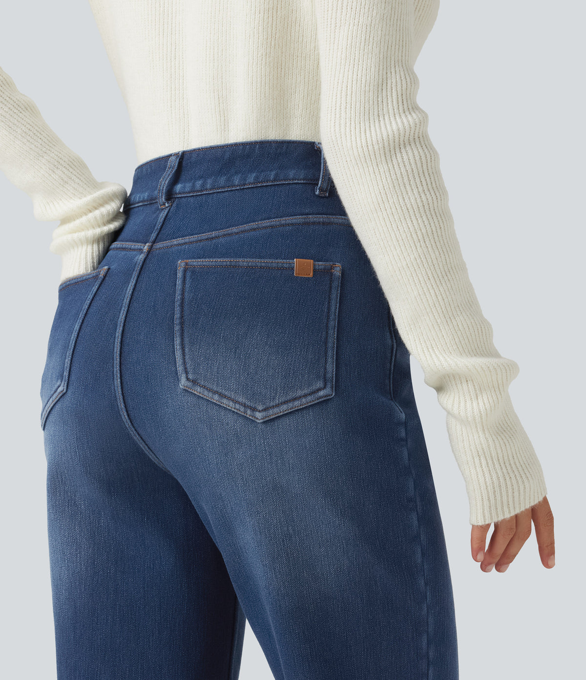 Mid Rise Straight Leg Fleece Casual Cotton Jeans with Pockets — Estate Blue Denim — view 5