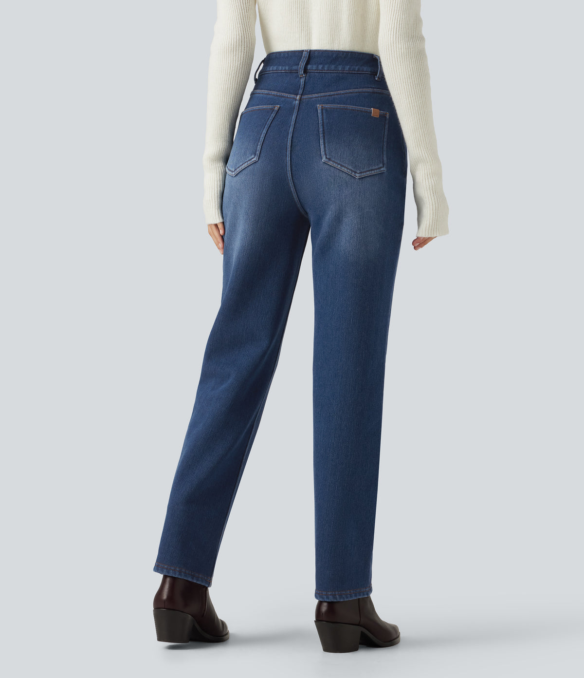 Mid Rise Straight Leg Fleece Casual Cotton Jeans with Pockets — Estate Blue Denim — view 2