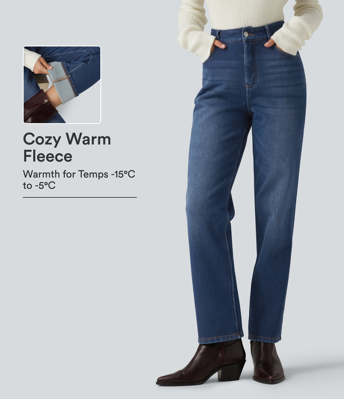 Mid Rise Straight Leg Fleece Casual Cotton Jeans with Pockets — Estate Blue Denim — view 1