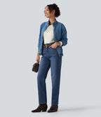 Mid Rise Straight Leg Fleece Casual Cotton Jeans with Pockets — Estate Blue Denim — view 8