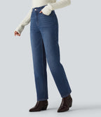 Mid Rise Straight Leg Fleece Casual Cotton Jeans with Pockets — Estate Blue Denim — view 3