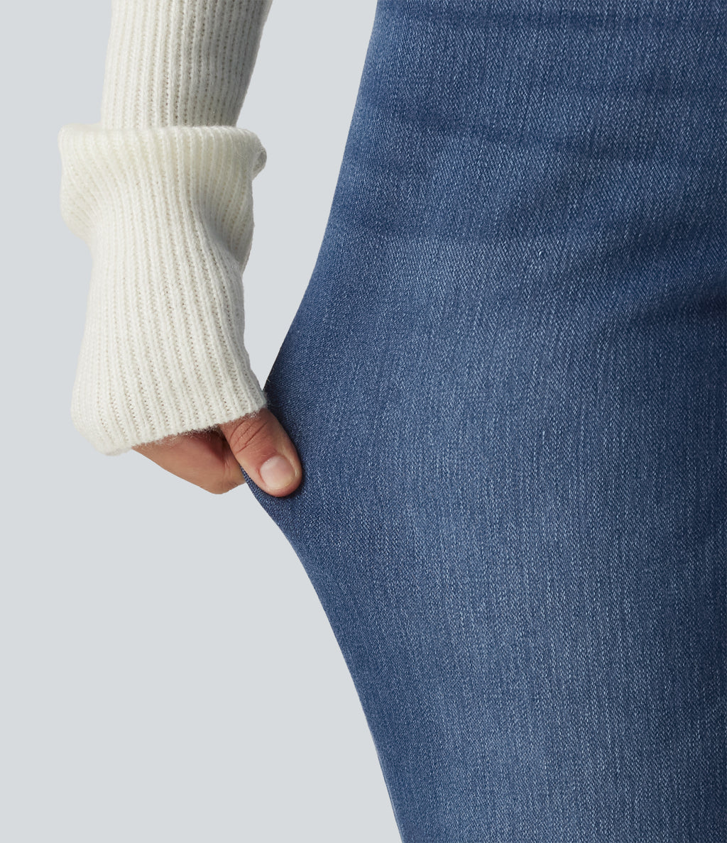 Mid Rise Straight Leg Fleece Casual Cotton Jeans with Pockets — Estate Blue Denim — view 7