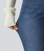 Mid Rise Straight Leg Fleece Casual Cotton Jeans with Pockets — Estate Blue Denim — view 7