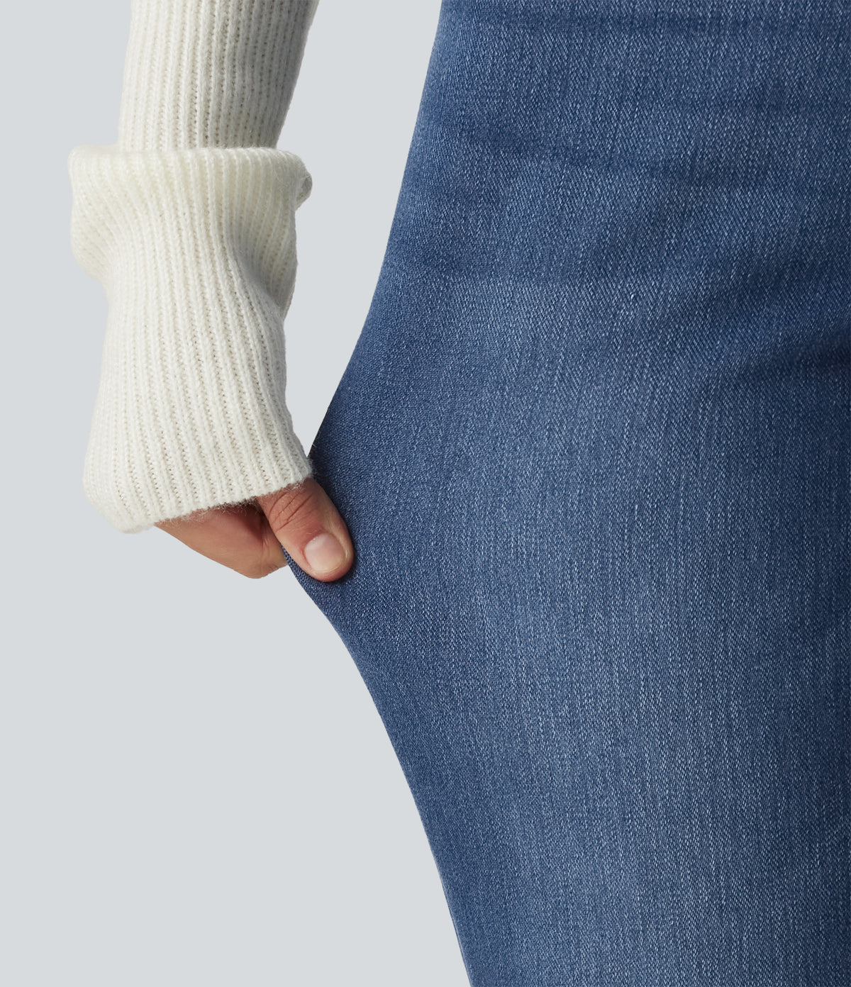 Mid Rise Straight Leg Fleece Casual Cotton Jeans with Pockets — Estate Blue Denim — view 7