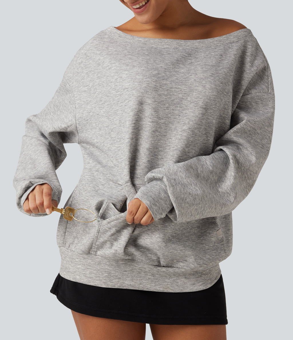 One Shoulder Long Sleeve Pullover Casual Sweatshirt with Pocket and Thumbholes — Fog Gray — view 7