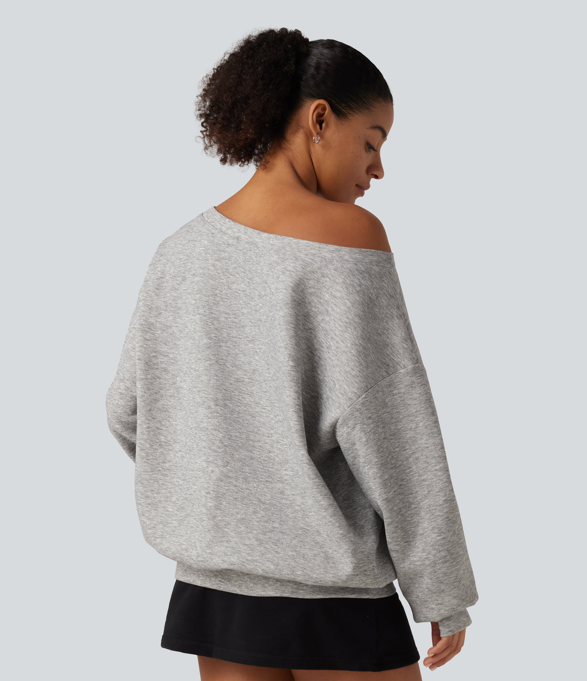 One Shoulder Long Sleeve Pullover Casual Sweatshirt with Pocket and Thumbholes — Fog Gray — view 2