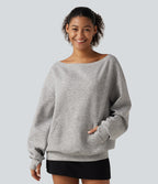 One Shoulder Long Sleeve Pullover Casual Sweatshirt with Pocket and Thumbholes — Fog Gray — view 5