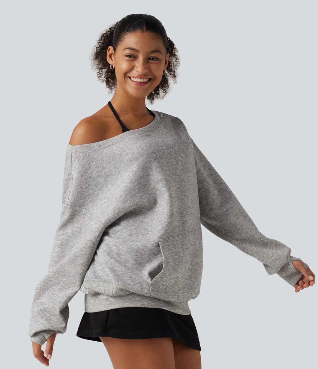 One Shoulder Long Sleeve Pullover Casual Sweatshirt with Pocket and Thumbholes — Fog Gray — view 3