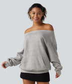 One Shoulder Long Sleeve Pullover Casual Sweatshirt with Pocket and Thumbholes — Fog Gray — view 4