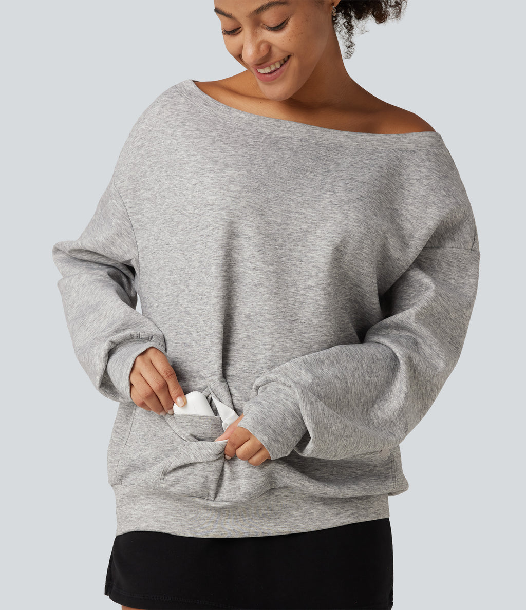 One Shoulder Long Sleeve Pullover Casual Sweatshirt with Pocket and Thumbholes — Fog Gray — view 6