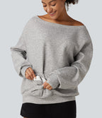 One Shoulder Long Sleeve Pullover Casual Sweatshirt with Pocket and Thumbholes — Fog Gray — view 6