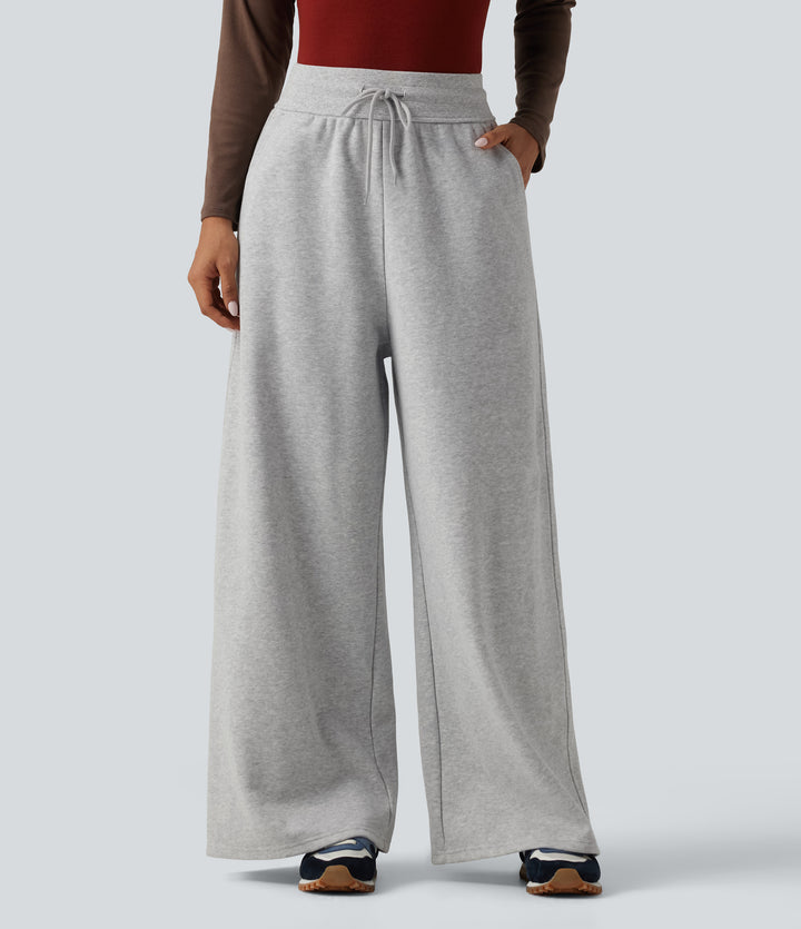 High Waisted Drawstring Wide Leg Fleece Cotton Casual Sweatpants with Pockets — Silver — view 1