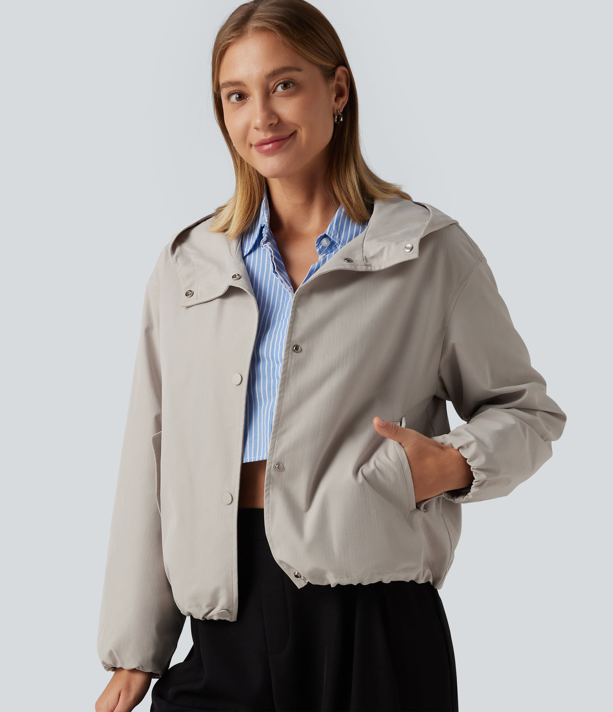 Hooded Long Sleeve Casual Jacket with Pockets — Rainy Day — view 1