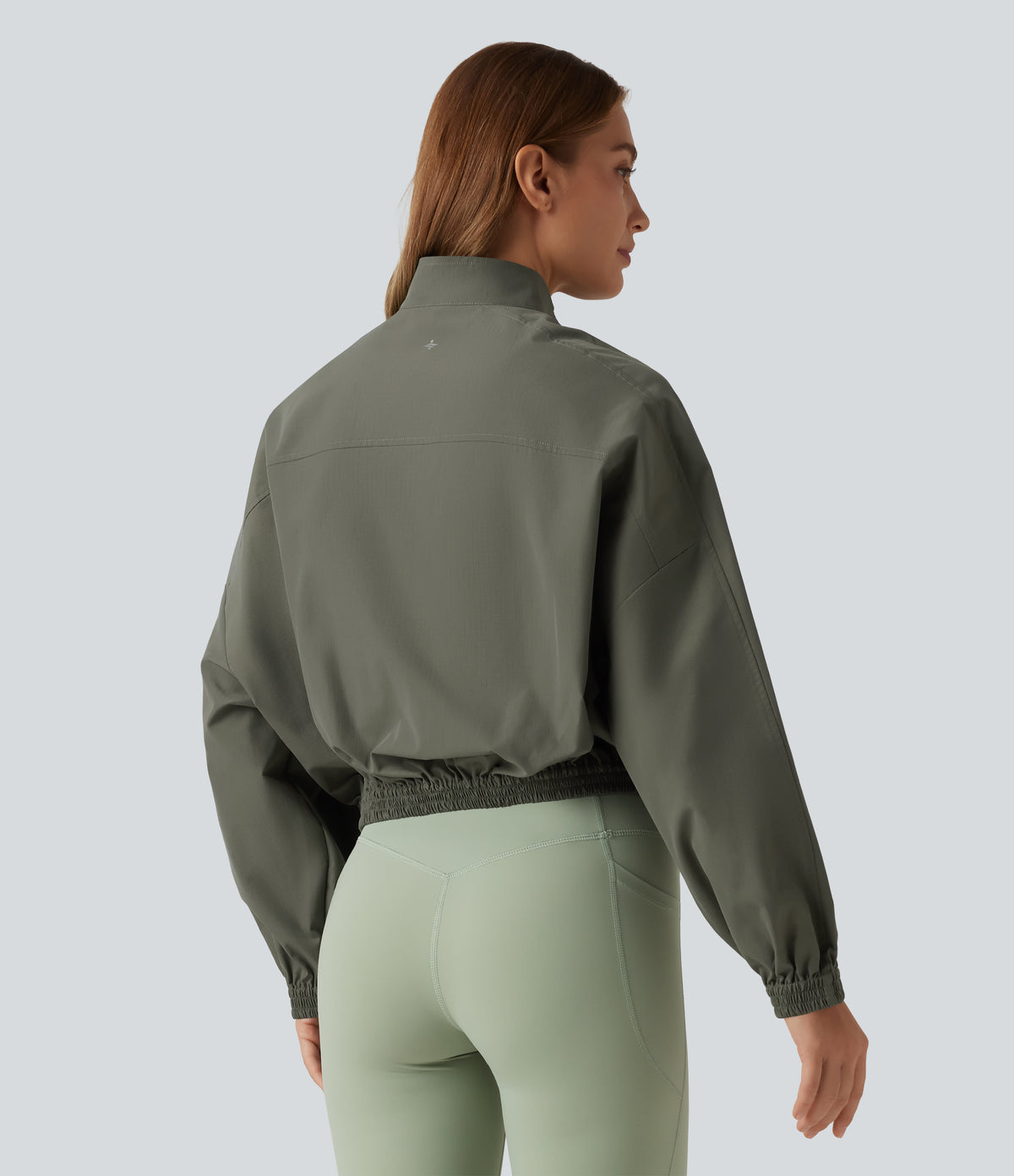 Stand Collar Long Sleeve Running Jacket with Pockets — Dusty Olive — view 2