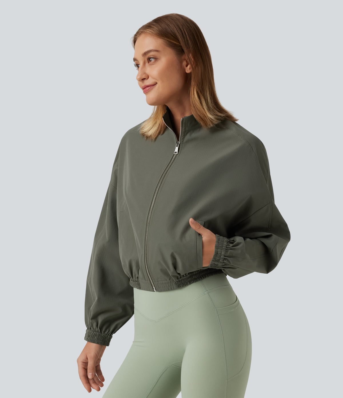 Stand Collar Long Sleeve Running Jacket with Pockets — Dusty Olive — view 1