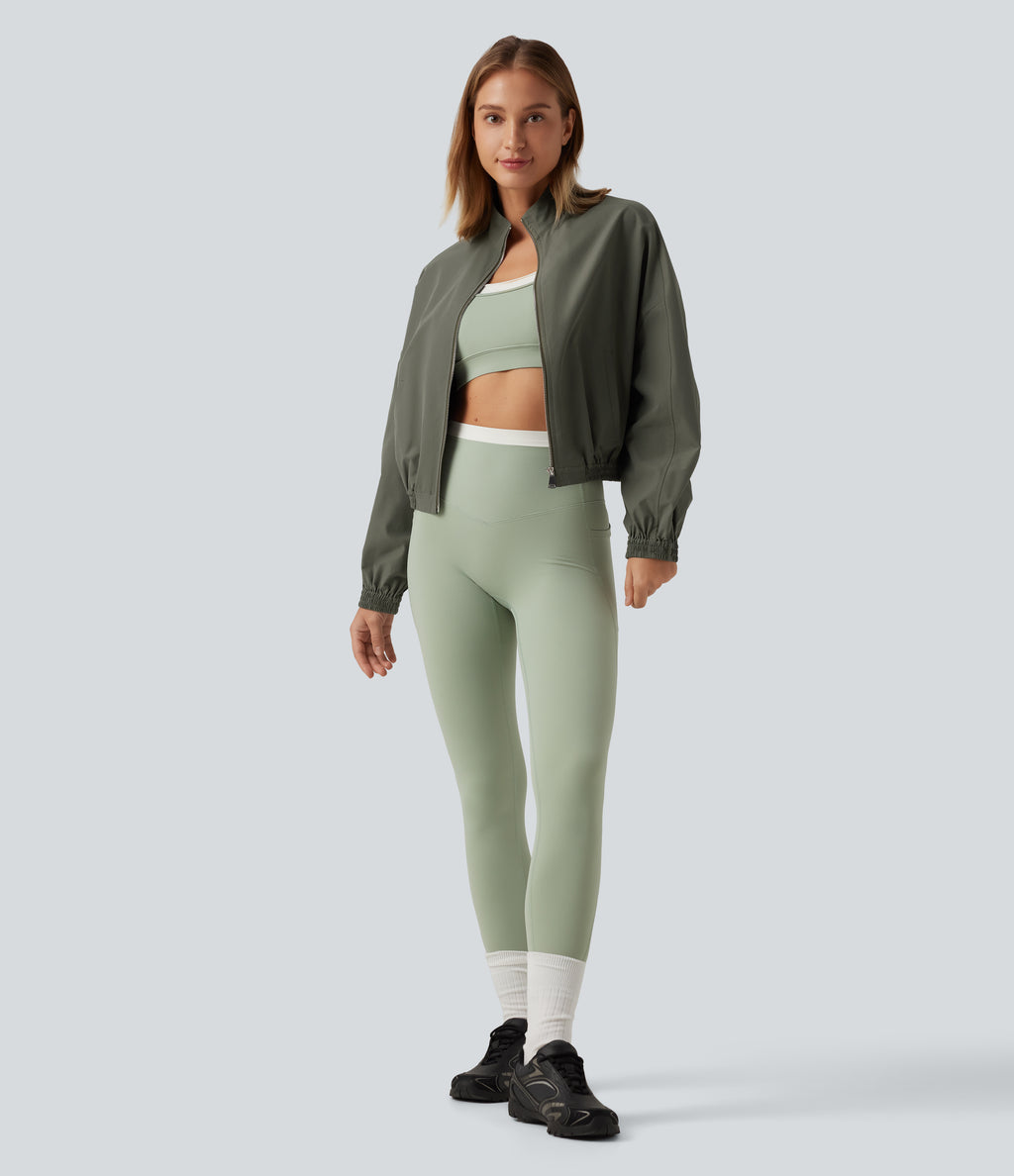 Stand Collar Long Sleeve Running Jacket with Pockets — Dusty Olive — view 7