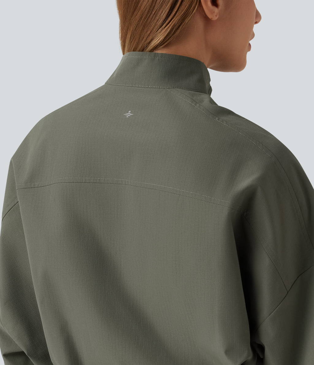 Stand Collar Long Sleeve Running Jacket with Pockets — Dusty Olive — view 5